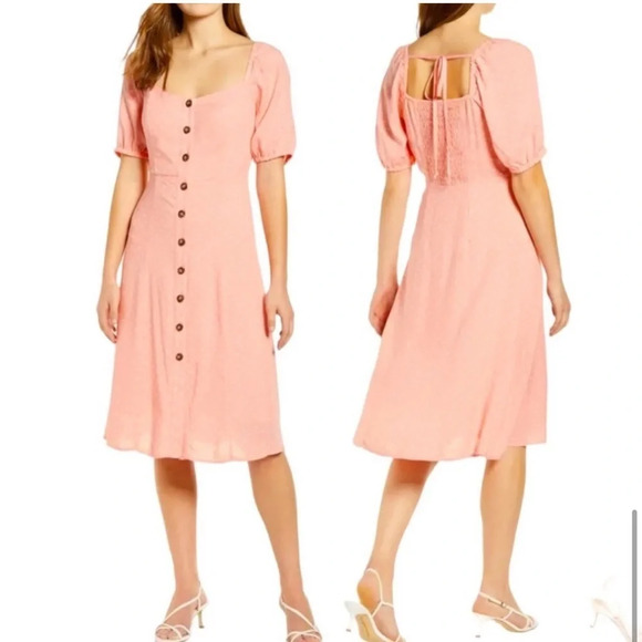 Gibson Pink White Polka Dot Puffed Short Sleeve Midi Smocked Dress, Size Small - Picture 2 of 9